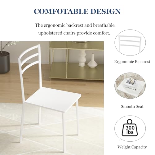 Image of VECELO Small Round Dining Table Set for 2, Wood Marbled Tabletop with Metal Frame, Modern Dinette with Chairs for Kitchen Breakfast Nook Living Room, Solid White