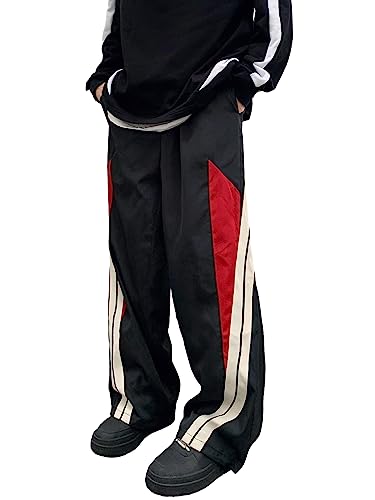 OYOANGLE Men's Colorblock Drawstring Waist Straight Wide Leg Baggy Pants with Pocket
