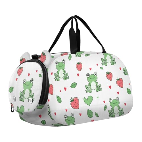 Duffle Bag for Boys or Girls with Shoes Compartment, Frog Strawberry Sports Travel Bag Overnight