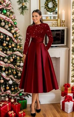 Long Sleeve Mother of The Bride Dresses Satin Sequins Prom Dress for Women3