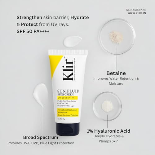 Image of Klir SunFluid SPF 50 PA++++ Sunscreen with 1% Hyaluronic Acid | Moisturize, Hydrate, Barrier Repair & Sun protection (150gm)