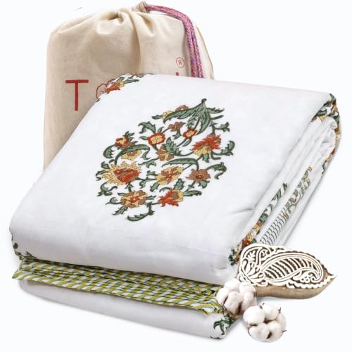 Image of TOAIArt Premium Jaipuri Dohar | AC Blanket Summer Quilt | Hand Block Printed | 3 Layers | Reversible | 150GSM 100% Mulmul Cotton | 100% Cotton Flannel Filling | Single 60 inch X 90 inch|Earthy Mugal Motif
