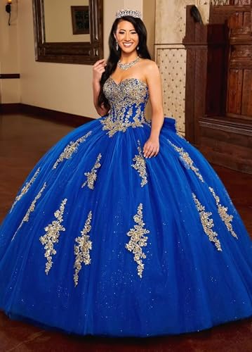 Gold Lace Appliques Quinceanera Dresses Puffy Strapless Tulle Prom Dresses Glitter Beaded Ball Gown with Bow2