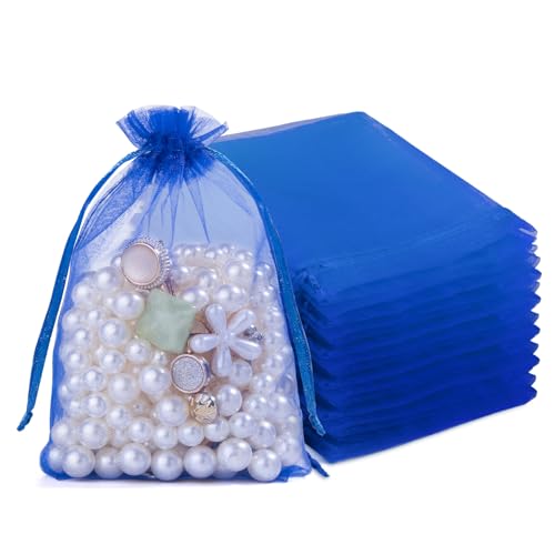 Image of Crweety 50 Pcs Royal Blue Organza Bags 4x6 In, Small Mesh Gift Bags with Drawstring, Sheer Gift Pouch for Jewelry Candy Sachet Wedding Party Favor, Bridal Shower, Baby Shower Decor & Graduation Gifts