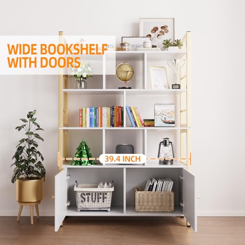 Image of Gold and White Bookshelf with Doors, 4 Tier 39.4in Wide Heavy Duty Bookshelves with Cabinet Storage, Large Book Shelf 64.2 inch H x 39.4 inch W x 11.8 inch D Office Shelving, Wood & Metal Bookcase Living Room