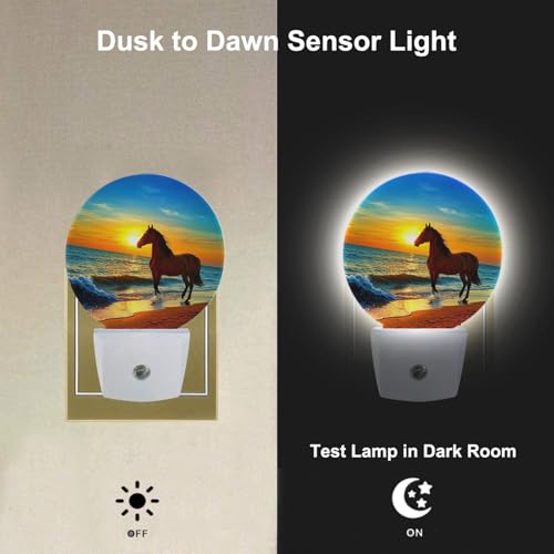 Image of Beautiful Sunset Nightlight Brown Horse Running by The Sea Night Lights Plug into Wall Dusk to Dawn Sensor Round Night Light for Adults Boys Girls, 0.5W Energy Efficient
