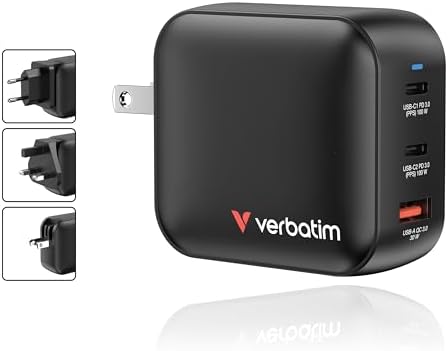 Verbatim Mini GaN Wall Charger 100W 3 Port 2X USB-C Ports PD 3.0 (PPS) up to 100W 1x USB-A Port QC 3.0 up to 30W