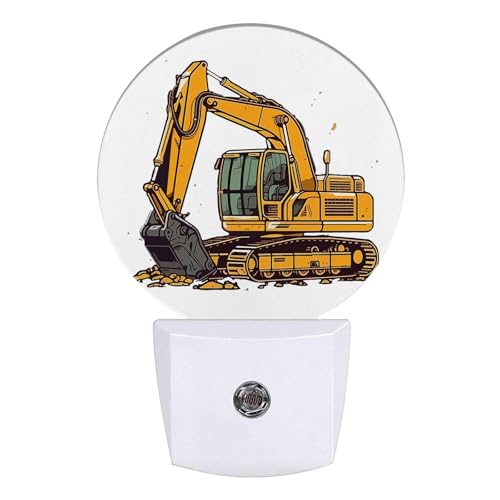 Image of Cartoon Excavator Night Light Mechanical Construction Truck Night Lights LED Lamp Round Plug into Wall Nightlight with Dusk to Dawn Sensor Home Hallway Stairway Kitchen Decor