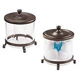 mDesign Round Bathroom Vanity Countertop Divided Storage Canister Plastic Jar with Metal Lid for Cotton Swabs, Rounds, Balls, Makeup Sponges, Blenders, Bath Salts, 2 Pack - Clear/Bronze