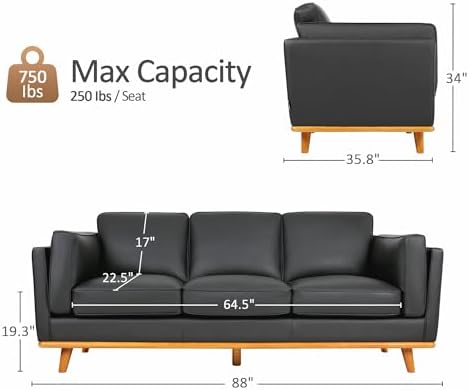 MCombo 88'' Napa Leather Sofa Couch 3-Seater for Living Room, Office, Vintage Italian Leather, Black - Thumbnail 5
