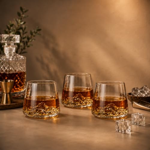 Image of WRINGO 230 ML Mountain Whisky Glass Set of 6 | Premium Transparent Whiskey Glasses for Scotch, Bourbon, Cocktails, Juice & Water | Heavy Base Drinking Tumblers for Home Bar