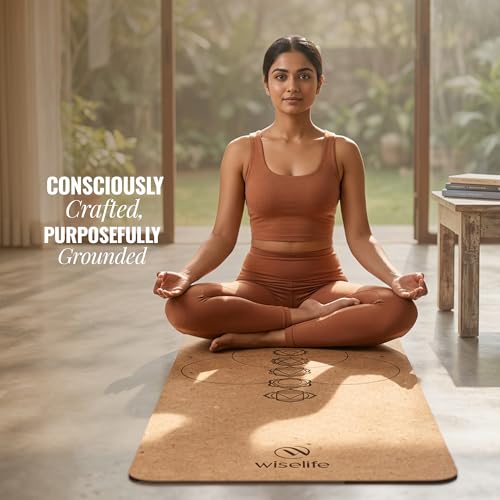 Image of Wiselife Arch Cork Natural Rubber Yoga Mat with Yoga Mat Bag 6MM | Extra Large Extra Wide | Anti skid Anti slip for Yoga & Workout (Cork 7 chakra)
