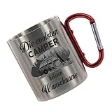 Crealuxe Edelstahltasse mit Karabiner 'Die Coolsten Camper heißen Wunschname' Tasse personalisiert, Kaffeetasse, Bürotasse, Metalltasse mit Name