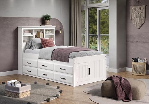 Discovery World Furniture Captain Bed with 6 Drawers (Brushed. White, Twin)