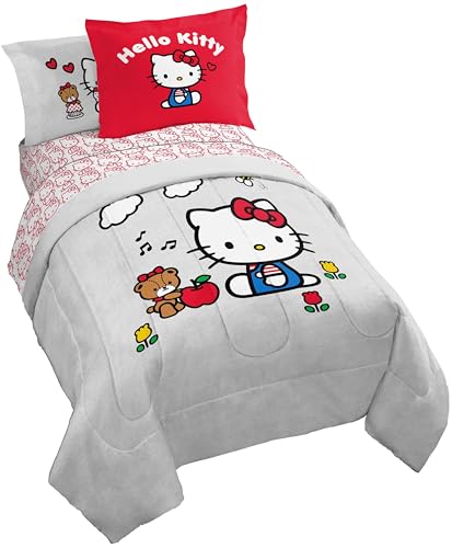 Image of Sanrio Hello Kitty Full Comforter Set 7 Piece Bedding for Girls, Grey | Bed in a Bag, Comforter Sheets Shams Pillowcases, Official Product, Soft Microfiber, Machine Washable, Girls Gift