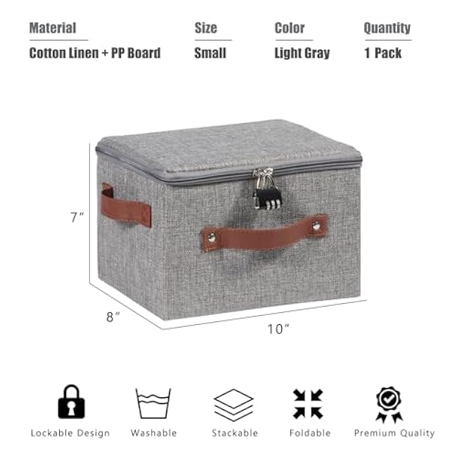 Storage Bins Boxes with Zipper Lid Combination Lock PU Leather Handles Cotton Linen Fabric Lidded Lockable Baskets Foldable Washable Closet Shelf Organizer Container (Light Gray, Small)