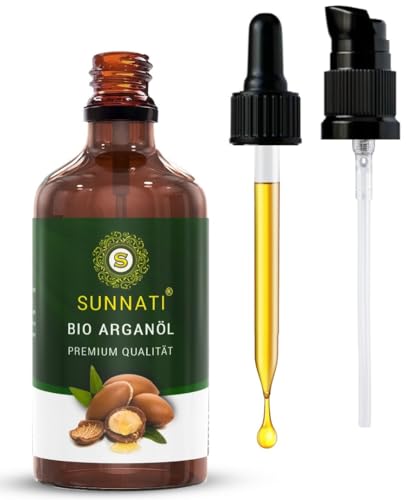 Sunnati® Aceite de argán orgánico prensado en frío para cara, piel y cabello, 100 ml, aceite de argán orgánico sin silicona, 100% puro y vegano, botella de cristal con pipeta y bomba