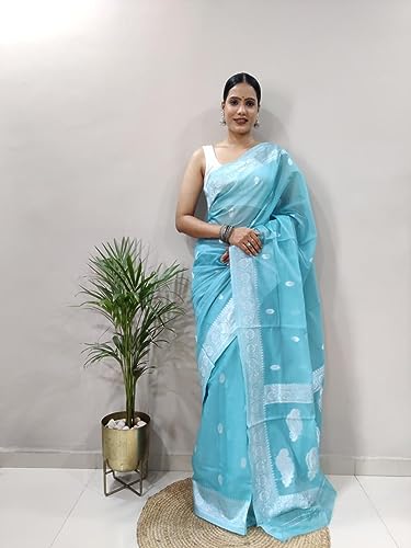 Image of Banarasi soft Cotton-Silk Saree with Unstitched Blouse - Graceful Design for Special Occasions, Weddings & Festivals