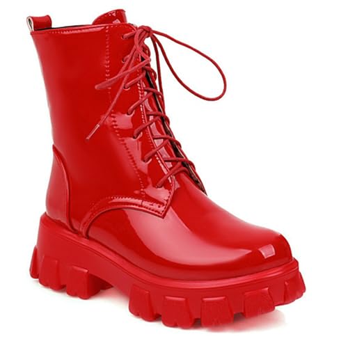 Women's Goth Lace Up Chunky High Heel Combat Boots Patent Round Toe Side Zipper Platform Lug Sole Motorcycle Rider Ankle Booties
