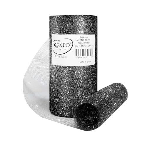 Expo International Decorative Fancy Foil Polka Dot Tulle, Roll/Spool of 6” X 50 Yards, Lightweight Polyester Tulle Fabric for Wedding, Floral, or Party Decorations, Easy-to-Use, Black/Silver