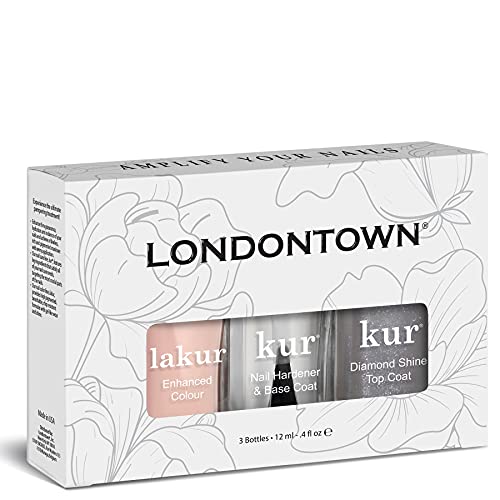 LONDONTOWN Manicure Trio Set, Base & Top Coat, Lakur Nail Polish, Diamond Dusted Mani