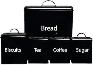 Crystals Black Bread Bin - Black Tea Coffee Sugar Canisters Set – 5 Piece Kitchen Bread Box with Biscuit Tea Sugar and Coffee Containers set – Rectangular Shape Bread Storage jars & Canisters