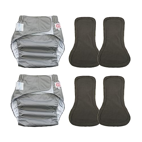 2 Pack Adult Cloth Diapers With 4 Diaper Inserts, Washable Reusable Adult Diaper Cover Elderly Incontinence Protection Nappies Underwear Adult Diaper For Women Man, Waist 35.4-47.2” (Gray L) #TOP16