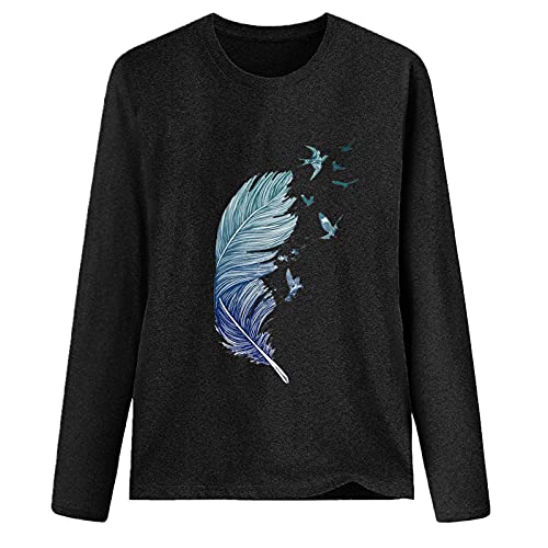 Cute Graphic Sweatshirt For Teen Girl Women Fashion Plume Print Long Sleeve Pullover Tops Black #TOP3