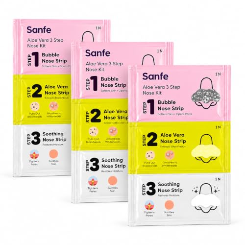 Image of Sanfe Aloe Vera 3 Step Nose Kit | 3 Units | Nose Strips for Blackhead Removal Routine | Deep Cleansing Pore Cleaning Strips for Oily Skin Care | At Home Cleansing Kit | Peel-Off Mask Style (Pack of 3)