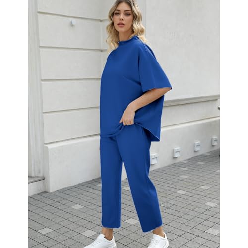 Image of SeeLuNa Women's Two Piece Outfits 3 /4 Batwing Sleeve Capelet Crew Neck Pullover Top Wide Leg Pants Lounge Set