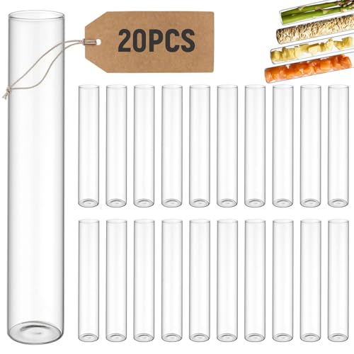 Forbabe Lot de 20 tubes à essai en verre, 20x150mm Tube à essai à fond plat en verre borosilicate Tubes à essai pour fleurs/vase/laboratoires