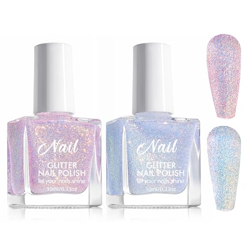 Esmalte De Uñas Holográfico Glitter, 2 Colores Azul Morado, De Larga Duración, Expresión Del Resultado, Secado Rápido, Brillante, Esmalte Semipermanentes con Purpurina Nail Polish 10 ml