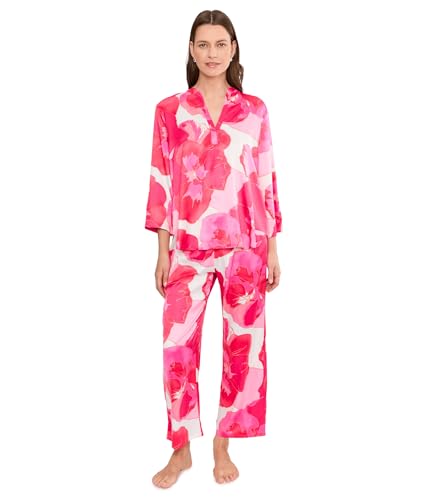 Natori Womens Floria Printed Satin Mandarin Pajama Set Pink X-Large
