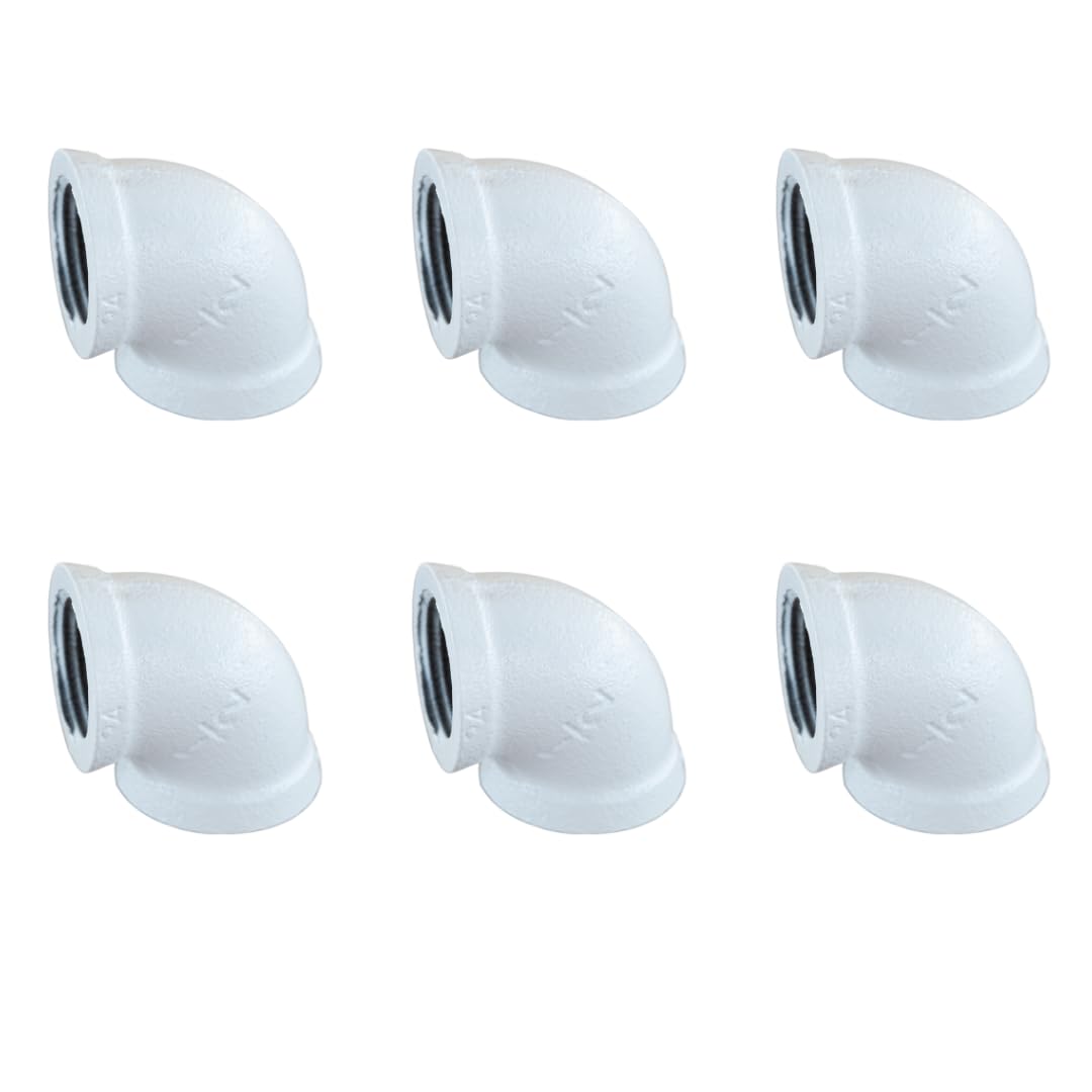 1/2" 90° ELBOW Industrial Threaded Black Iron Pipe Fittings; White Satin Finish - for Decorative DIY Shelving, Rustic Furniture, Farmhouse and