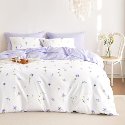 Image of Wake In Cloud - Floral Comforter Set, Cottagecore Cute Aesthetic Watercolor Tiny Flowers and Leaves, Soft Lightweight Bedding for Women Teen Girls, 3 Pieces, Purple, Twin /Twin XL Size