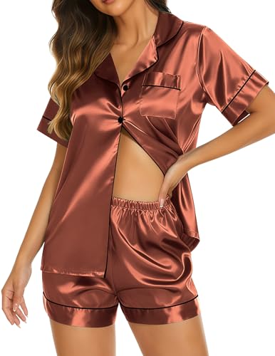 Image of Ekouaer Silk Pajamas for Women Short Sleeve Sleepwear Soft Button Down Loungewear 2 Piece Satin Pjs Shorts Set