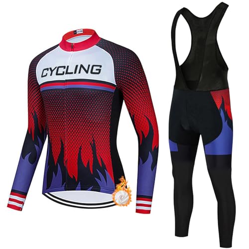 Ropa Ciclismo Hombre Conjunto Bici MTB Invierno Maillot Ciclista Polar Térmico,Traje Bicicleta Chaquetas Ciclo Manga Larga y Pantalones Tirantes con 19D Gel Acolchado,Completa de BTT Jerseys|9,S