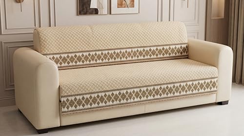 Image of KINGLY Sofa Cover 5 Seater 3+2 Velvet Full Cover - Cream Beige | Fully covered quilted velvet slipcover, washable anti-slip thick furniture protector for 3+2 living room sofa