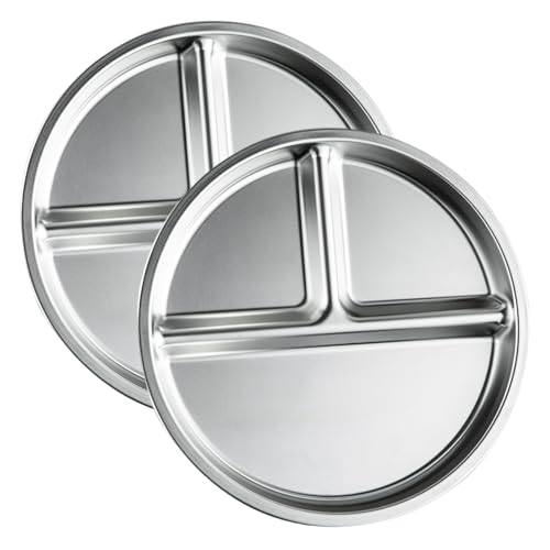 Ziyonix Piatti in Acciaio Inox per Bambini 2Pcs, Piatti per Porzioni Controllati con 3 Scomparti, 23cm Riutilizzabili piatto Divisi per Bambini, piatti Campeggio per Campeggio Picnic Casa Scuola Mensa