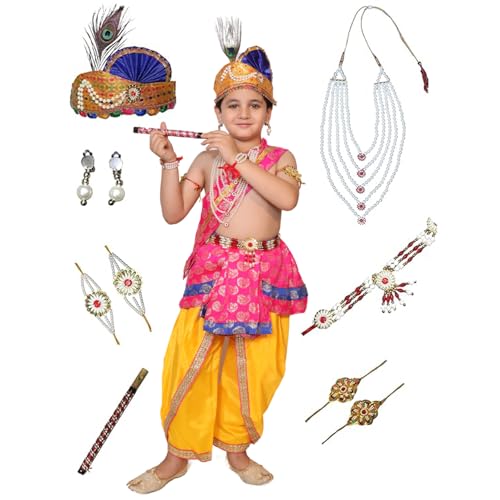 Kaku Fancy Dresses Krishna Costume for Kids Infant Baby Krishna Dress for Boys (Set of 11 - Magenta Dhoti, Patka(Stole), Belt, Fabric Mukut, Layer Pearl Mala, Bajuband, Earrings, Bansuri & Morpankh)