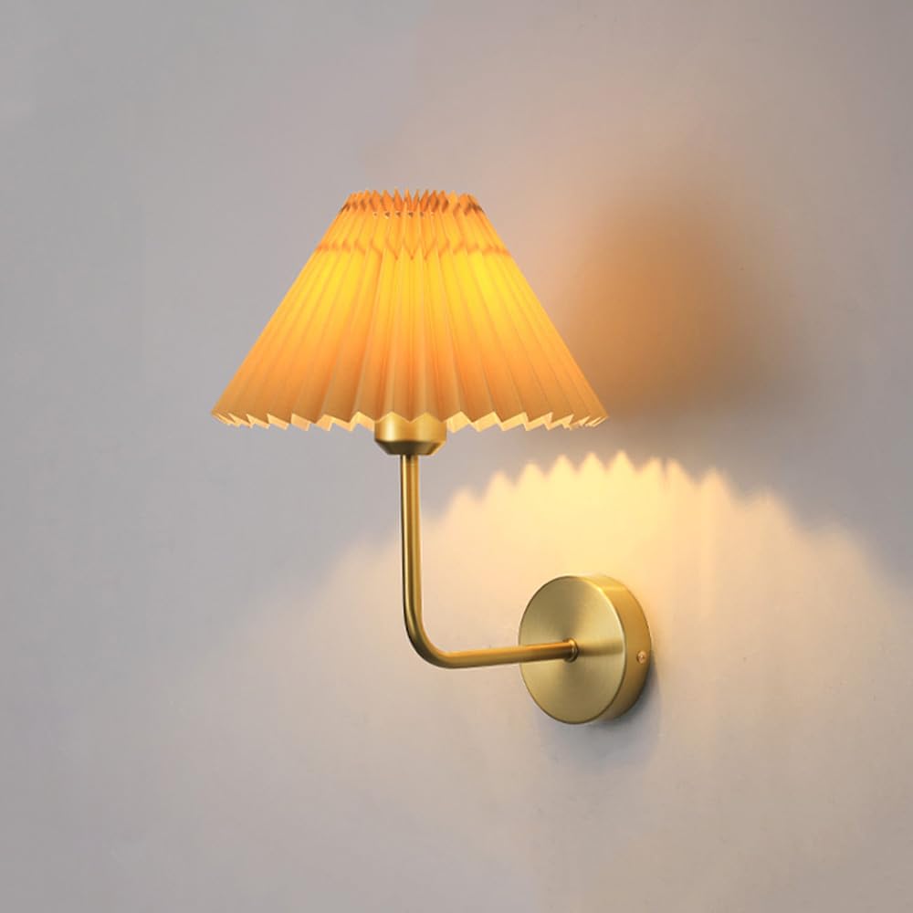 Applique da Parete per Camera da Letto, Comodino, Lampada da Tavolo Vintage in Tessuto Plissettato, Finitura in Ottone, Arte retrò per Soggiorno, Camera da Letto