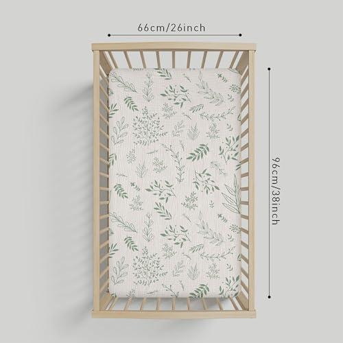 Image of Muslin Bassinet Fitted Sheets 2 Pack, Soft Breathable Cotton Baby Bassinet Mattress Sheet Set, 360 Elastic Snug Fit, Universal for Oval, Rectangle (Bright Leaves, Pack N Play Sheets 2 Pack)