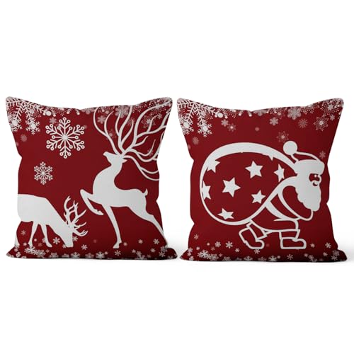 Qinunipoto クリスマス クッションカバー 45×45cm 2枚セット サンタ トナカイ 座布団カバー ?麻おしゃれ Christmas Decoration 赤い 冬 ベッド インテリア オフィス 椅子 飾りスクエアピローケース 背当て 枕カバー