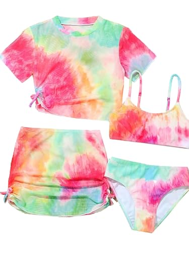 Kids Girls 4 Piece Tankini Swimsuits Bathing Suit Cute Bikini Swimwear with Cover Ups Beach Skirt Set