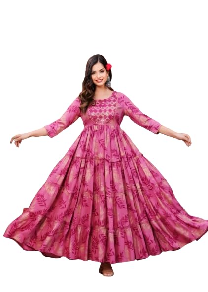 Beautiful Trending & Pretty Long Pink Gown with Beautiful Front Mirror Embroidery and Floral Print for Women's and Girls-picture-21