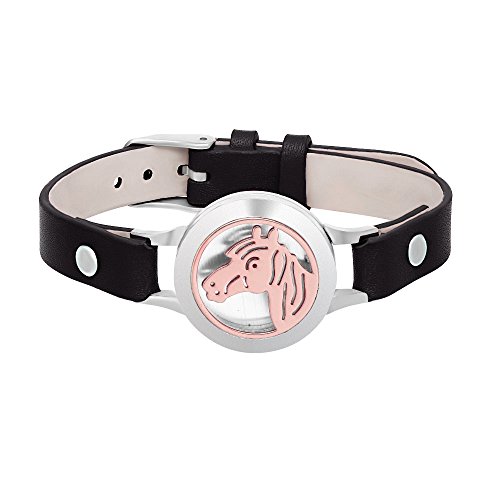 Senfai Horse Bracelet Aromatherapy Stainless Steel Locket Bangle Genuine Leather Band(Black Band + Rose Gold Face 3) #TOP28