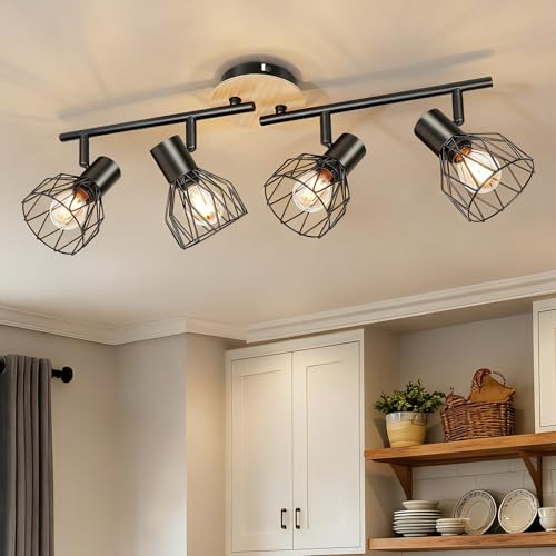 Ketom Plafonnier 4 Spot Noir, Luminaire Cuisine Plafond Bois, Plafonnier Orientable E14, Applique Murale 4 Spot avec Grille Métallique, pour Interieur,...