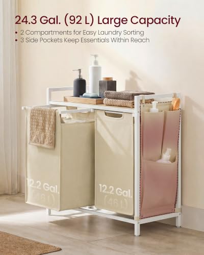 Image of VASAGLE Laundry Hamper, Laundry Basket Sorter with 2 Pull-Out and Removable Bags, Shelf, Metal Frame, 2 x 12.1 Gallons (46 L), 28.8 x 13 x 28.4 Inches, Cappuccino Beige and Natural Beige UBLH201LH01