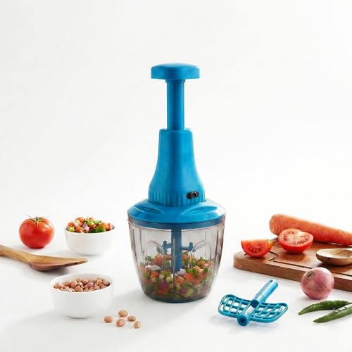 Image of Chopper for Kitchen Use | 1100 ml RoundPush Chopper with 5 Blades and Whisker| Chopping Vegetables & Fruits, Onion, Ginger, Garlic, Salad, Tomato, Potato (Blue)