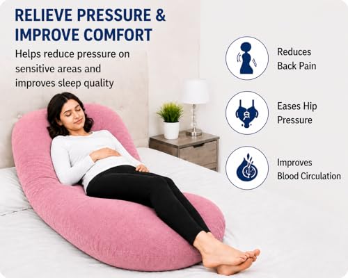 Image of Restify J-Shape Pregnancy Pillow for Women Sleeping | Full Body Maternity Pillow for Back, Hips, Legs & Belly Support | Removable & Washable Velvet Cover | Pink